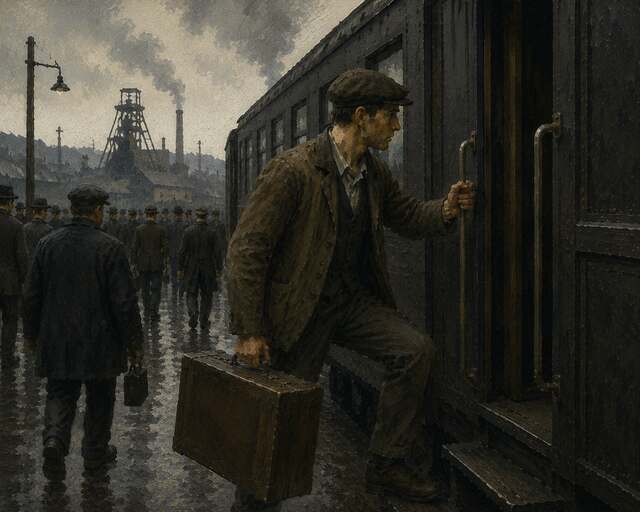 Sam stepping up onto the train with a suitcase, other miners walking past a mine tipple in the rain behind him