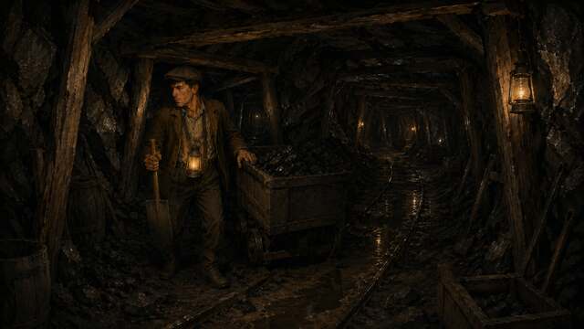 Sam in the mine, lantern lit, pushing a coal cart